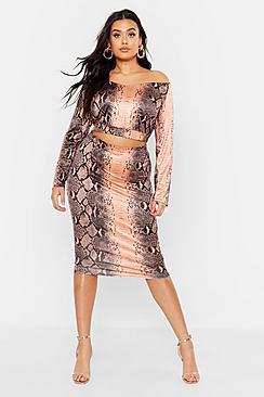 Boohoo Plus Slinky Snake Print Midi Skirt
