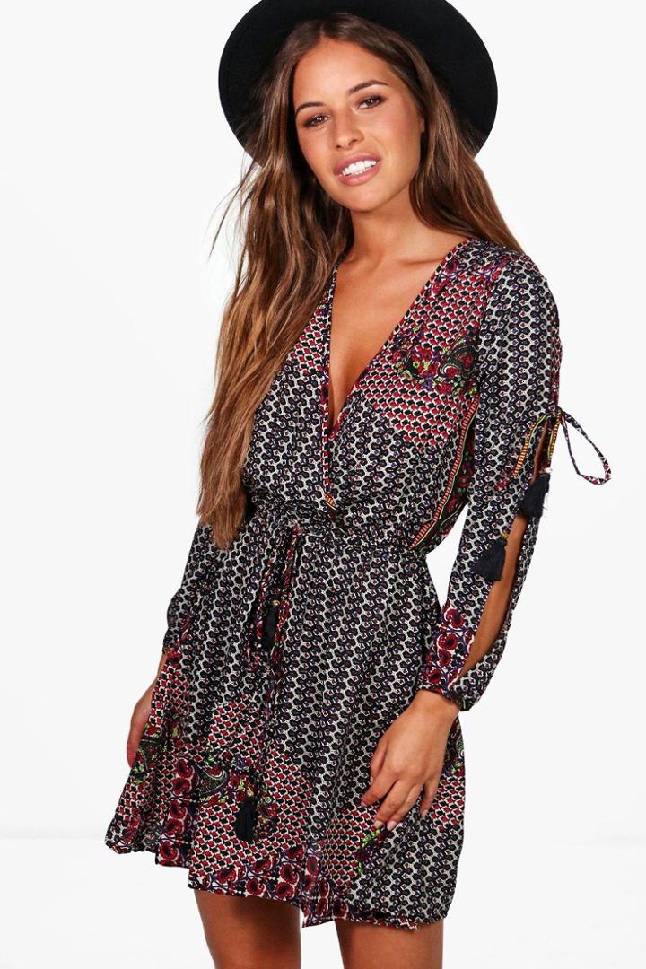 Boohoo Petite Rebecca Wrap Front Printed Skater Dress Multi