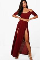 Boohoo Lilly Slinky Crop And Split Maxi Skirt Co-ord Set