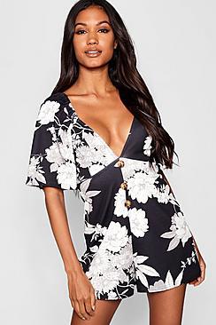 Boohoo Floral Horn Button Tea Playsuit