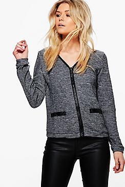Boohoo Olivia Knit Zip Through Pu Trim Cardigan
