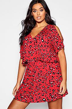 Boohoo Plus Leopard Ruffle Open Shoulder Dress