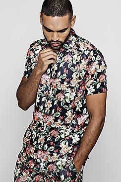 Boohoo Floral Fruit Short Sleeve Satin Shirt
