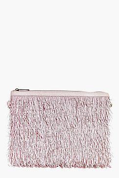 Boohoo Faye Fringed Zip Top Clutch Bag