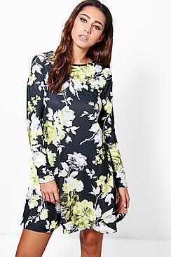 Boohoo Bianca Long Sleeve Floral Swing Dress