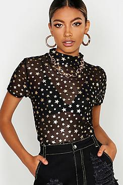 Boohoo Mesh Star Print Short Sleeve Crop Top