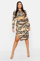 Boohoo Plus Slinky Tiger Print Split Midi Skirt