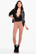 Boohoo Evah Basic Contrast Waist Band Jersey Leggings Camel