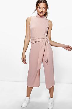 Boohoo Ella Ribbed Culotte High Neck Self Belt Jumpsuit