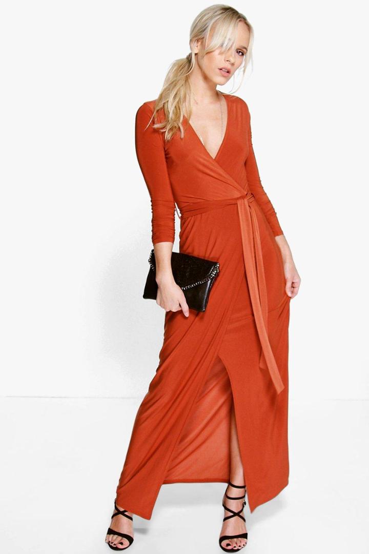 Boohoo Petite Emily Wrap Front Maxi Dress Chestnut