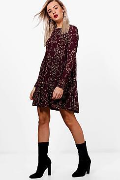 Boohoo Anya Paisley Brushed Knit Swing Dress