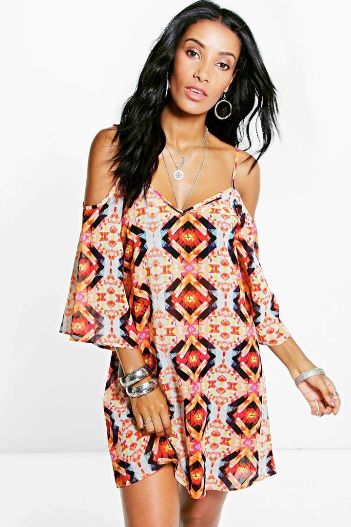 Boohoo Alisha Kaleidescope Cold Shoulder Sun Dress Orange