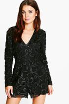 Boohoo Boutique Glitter Mesh Long Sleeve Plunge Playsuit Black