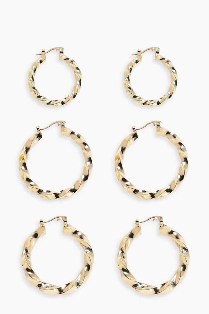 Boohoo Hannah Twisted Hoop Earrings 3 Pack Gold