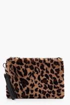Boohoo Ellie Leopard Faux Fur Zip Top Clutch