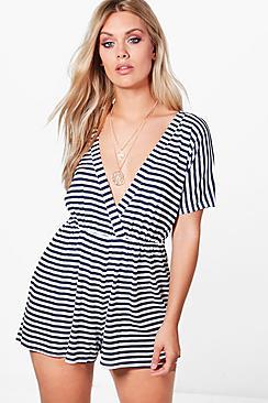 Boohoo Plus Hana Stripe Short Sleeve Playsuit