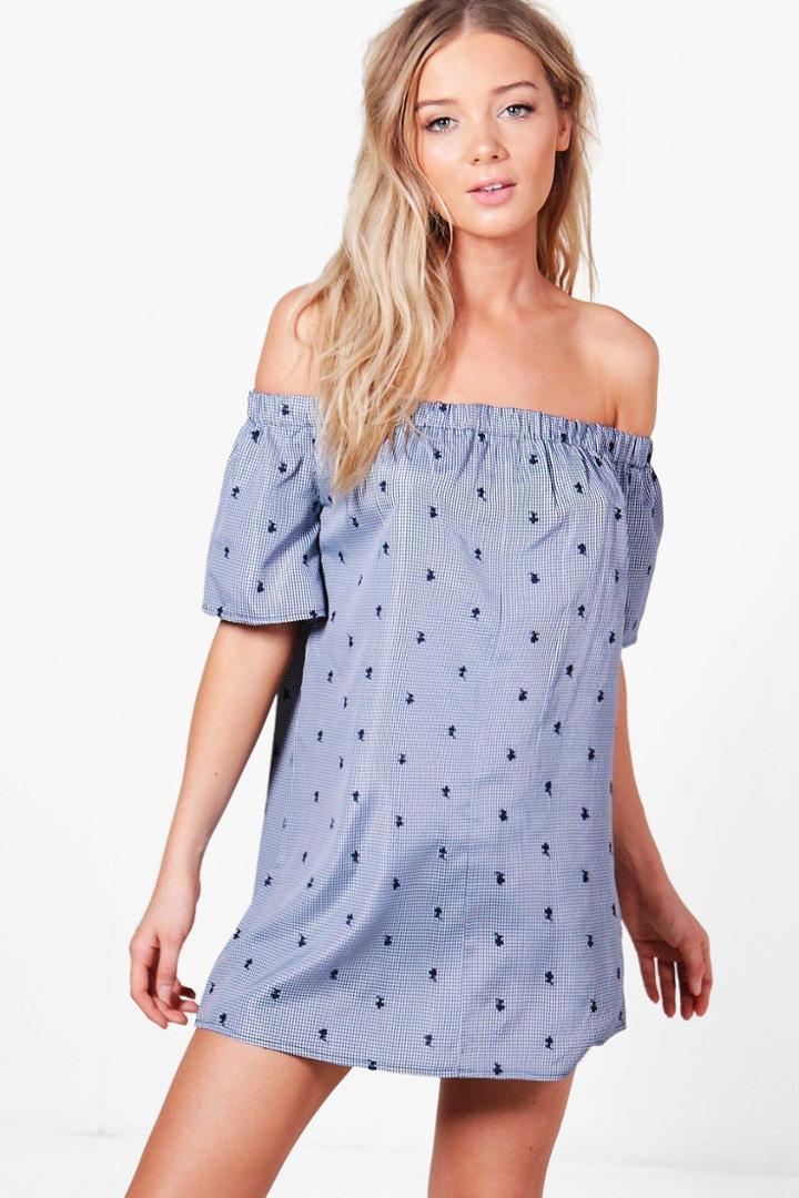 Boohoo Ella Embroidered Check Gingham Dress Blue