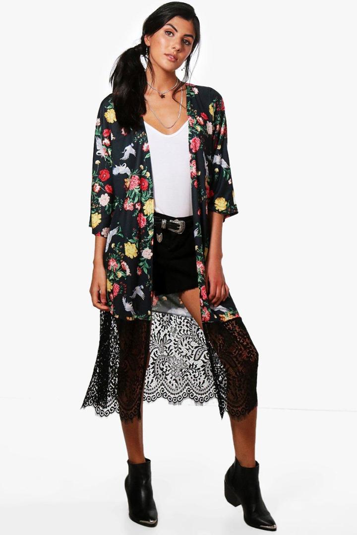 Boohoo Abigail Oriental Print Kimono With Lace Hem Black