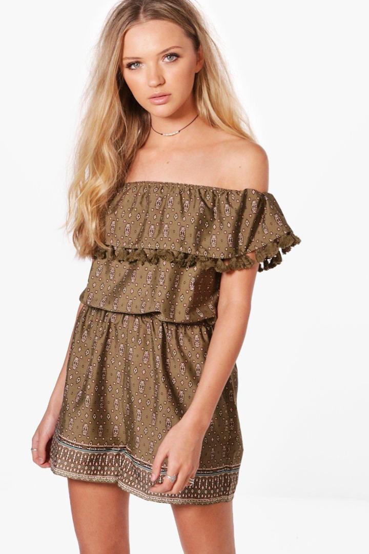 Boohoo Julie Tassel Trim Printed Playsuit Khaki