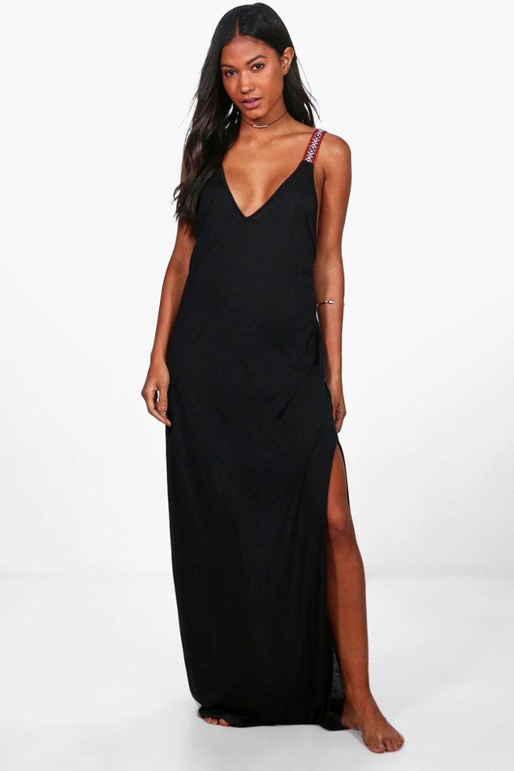 Boohoo Elizabeth Embroidered Strap Maxi Beach Dress Black
