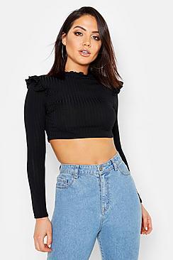 Boohoo Ruffle Neck + Shoulder Jumbo Rib Crop Top