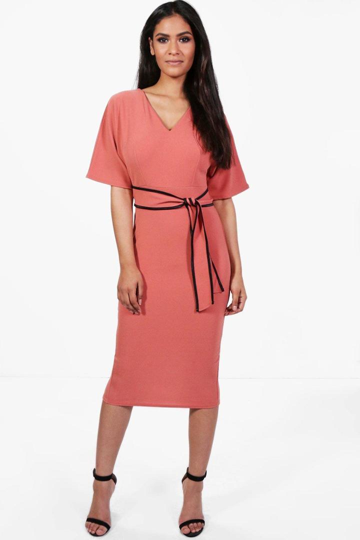 Boohoo Rosey Kimono Tie Waist Formal Midi Dress Rose