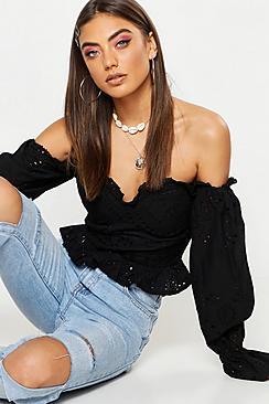 Boohoo Broderie Anglais Ruffle Puff Sleeve Crop