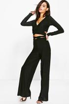 Boohoo Angelina Tie Waist Crop & Wide Leg Trouser Co-ord Black
