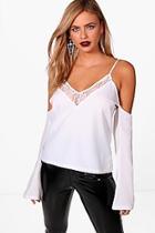 Boohoo Darcey Cold Shoulder Lace Insert Flare Sleeve Top