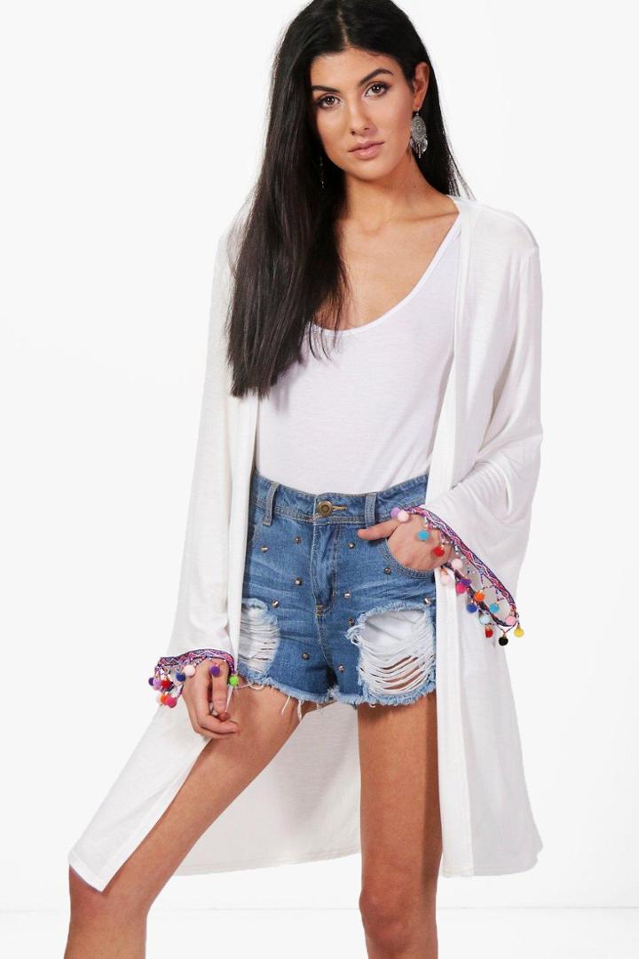Boohoo Jenny Beaded Pom Pom Trim Kimono Ivory