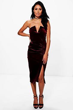 Boohoo Lottie Velvet V Plunge Ruched Bandeau Midi Dress