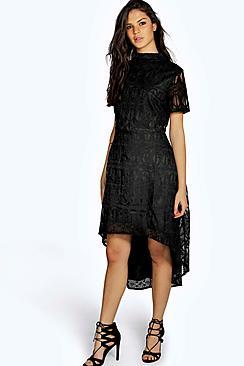 Boohoo Ara Embroided Mesh High Neck Dip Hem Dress