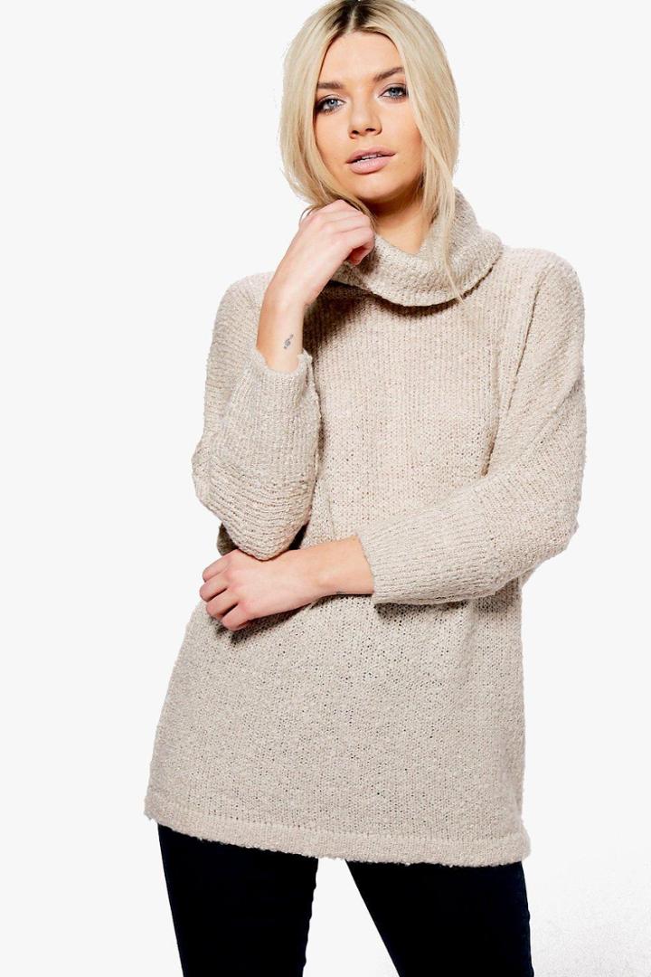 Boohoo Elise Boucle Roll Neck Jumper Stone