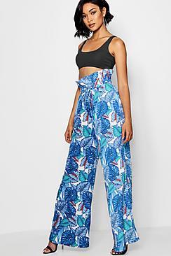 Boohoo Claire Woven Paperbag Palm Print Trousers