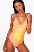 Boohoo Auckland Tan Game Slogan High Leg Bathing Suit Coral