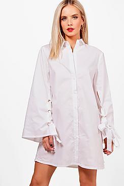 Boohoo Petite Jessica Eyelet Tie Sleeve Shirt Dress