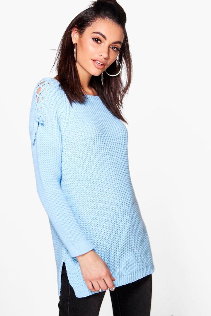 Boohoo Scarlett Lace Up Shoulder Jumper Bluebell