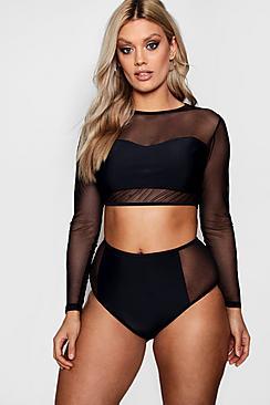 Boohoo Plus Olivia Long Sleeve Mesh High Waist Bikini