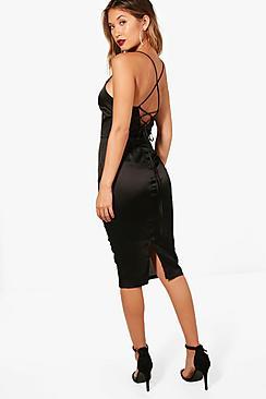 Boohoo Satin Strappy Back Plunge Midi Dress