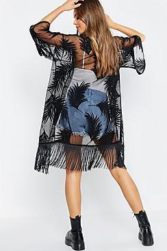 Boohoo Palm Print Mesh + Fringe Kimono