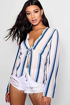 Boohoo Fran Woven Tie Front Stripe Blouse