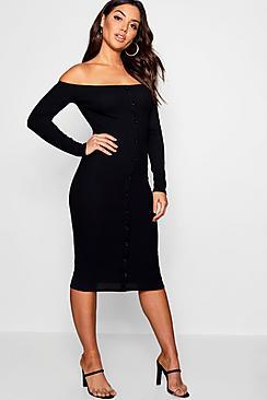 Boohoo Bardot Button Midi Rib Knit Dress