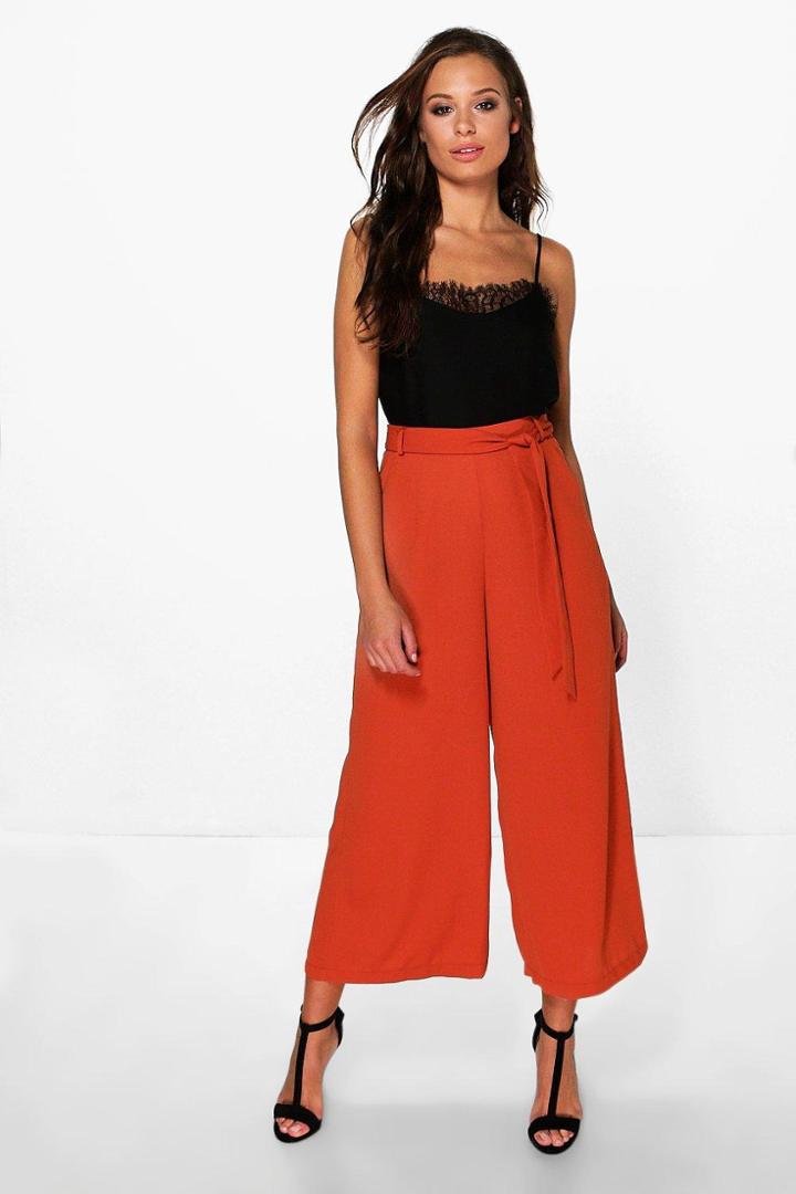 Boohoo Priya Tie Waist Woven Wide Leg Crop Trousers Spice
