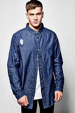 Boohoo Long Sleeve Longline Scoop Hem Denim Shirt