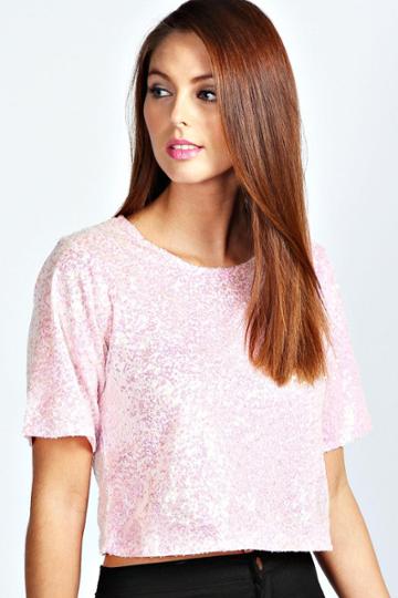 Boohoo Grace All Over Sequin Crop Top - Pink