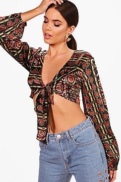 Boohoo Tall Megan Scarf Print Tie Front Slinky Top