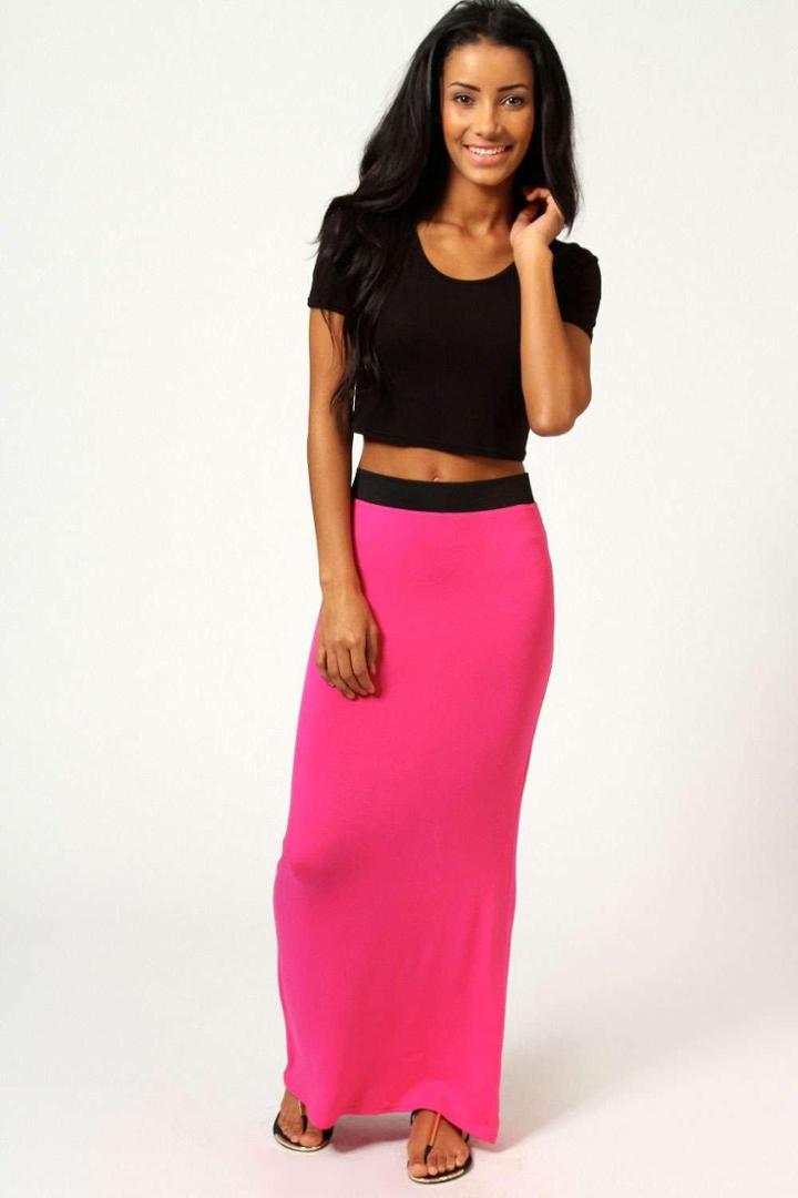 Boohoo Petite Helena Contrast Waistband Jersey Maxi Skirt Pink