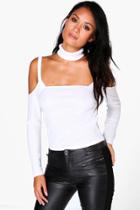 Boohoo Lucy Ribbed Cold Shoulder Choker Top White