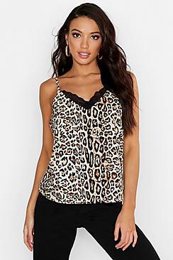 Boohoo Leopard Print Lace Trim Woven Cami Top