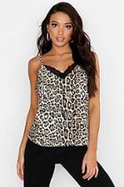 Boohoo Leopard Print Lace Trim Woven Cami Top